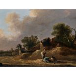 19th Century English School. Figures in a Landscape, with Buildings beyond, Oil on Canvas, 11.5" x