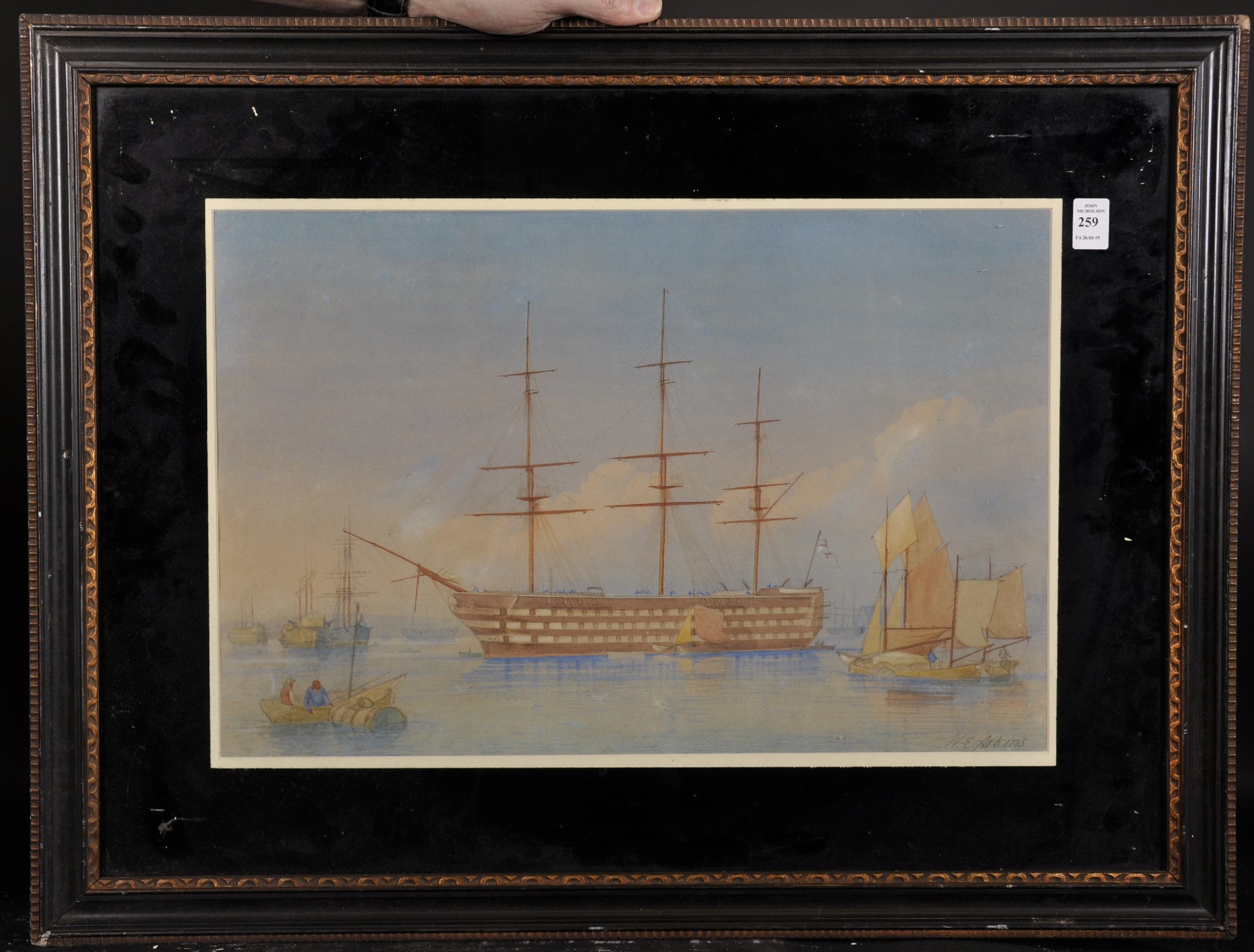 William Edward Atkins (1842-1910) British. "HMS Duke of Wellington in Portsmouth Harbour", - Image 2 of 5