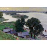 Mikael Filippovitch Volodine (1912-1987) Russian. "Houses by the River Oka", with Children and Goats