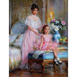 Konstantin Razumov (1974- ) Russian. "In the Bedroom", An Elegant Woman with a Young Girl writing,