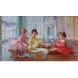 Konstantin Razumov (1974- ) Russian. "Little Ballerinas", Oil on Canvas, Signed in Cyrillic, and