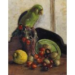 20th Century English School. Still Life of Fruit, with a Parrot, Oil on Board, Signed with