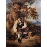 19th Century English School. A Young Boy Fishing, with a Dog by his side, Oil on Paper, 13.25" x