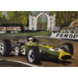 20th Century English School. Study of Jim Clarke in a Lotus, circa 1967, Mixed Media, 10" x 13.5".