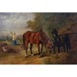 Henry Charles Woollett (act.1851-1898) British. Horses by a Barn, with a Man resting by a