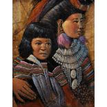 Danu (20th Century) South American. A Woman and Child in Ceremonial Dress, Oil on Leaves laid on