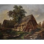 Jules Louis Marie Lhote (19th Century) French. A Thatched Cottage by a River, with Rowing Boats, Oil