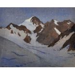 Eric Walter Powell (1886-1933) British. 'Alpine View', at Nightfall, Watercolour on Silk, Signed and