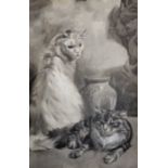 19th - 20th Century English School. Two Cats seated by a Porcelain Vase, Watercolour, 20" x 13".