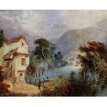 19th Century English School. A Mountainous River Landscape, with Figures by a Tall House, Oil on