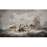 Andreas Achenbach (1815-1910) German. Figures in a Rowing Boat in Choppy Seas, Signaling for help