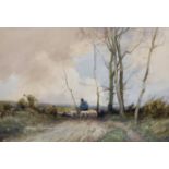 William Tatton Winter (1855-1928) British. "April", a Landscape with a Shepherd and Flock,
