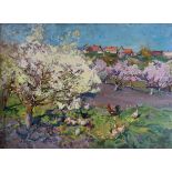 Victor Kirillovitch Gaiduk (1926-1992) Russian. "May Sun", Chickens under a Cherry Blossom Tree, Oil