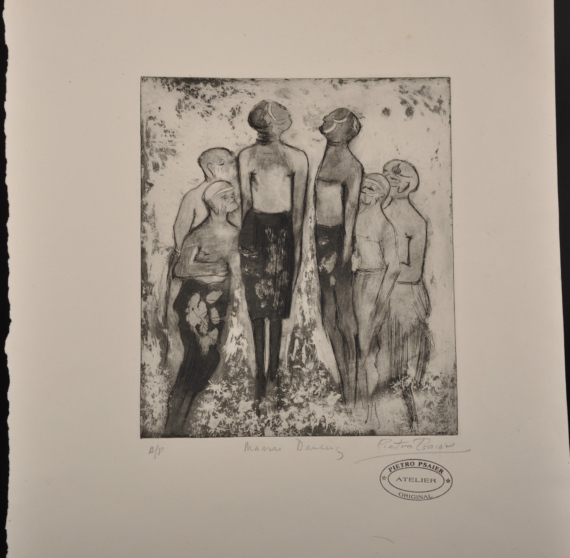 Pietro Psaier (1936-2004) Italian. "Maasai Dancing", Etching, Signed, Inscribed and numbered 'AP' in - Image 2 of 5