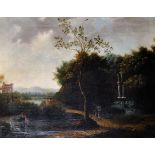 18th Century Dutch School. Figures resting on a Path, with a Waterfall in Woods behind, and a Castle