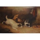 J... Langlois (c.1855-1904) British. Terriers in an Interior, Oil on Canvas, Signed, 20" x 30".