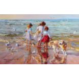 Konstantin Razumov (1974- ) Russian. "Three Young Girls and a Dog on the Seashore", Oil on Canvas,