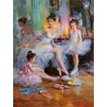 Konstantin Razumov (1974- ) Russian. "Preparing for the Ballet Lesson", Oil on Canvas, Signed in