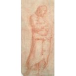 18th Century Italian School. Study of a Figure in Classical Robes, Sanguine, Shaped, 6.5" x 3.5".