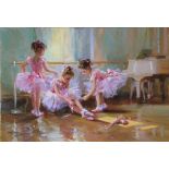 Konstantin Razumov (1974- ) Russian. "Three Little Ballerinas", by the Barre with a Piano, Oil on