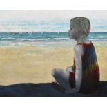 Ric James (1943- ) British. "Watching the Seagulls", a Young Girl sitting crossed legged on a Beach,