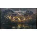 Ferdinand Knab (1834-1902) German. A Lake Scene at Sunset, with a Figure in a Boat, Oil on Panel,
