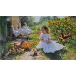 Konstantin Razumov (1974- ) Russian. "In the Farm", a Young Girl with Baby Chicks in a Sunflower