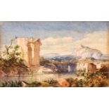 William Page (1794-1872) British. 'Greek Ruins', with a Figure on a Boat, Watercolour, Inscribed