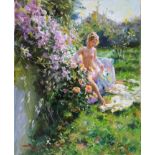 Konstantin Razumov (1974- ) Russian. "A Spring Day", with a Naked Lady seated on a Bench by a Rose