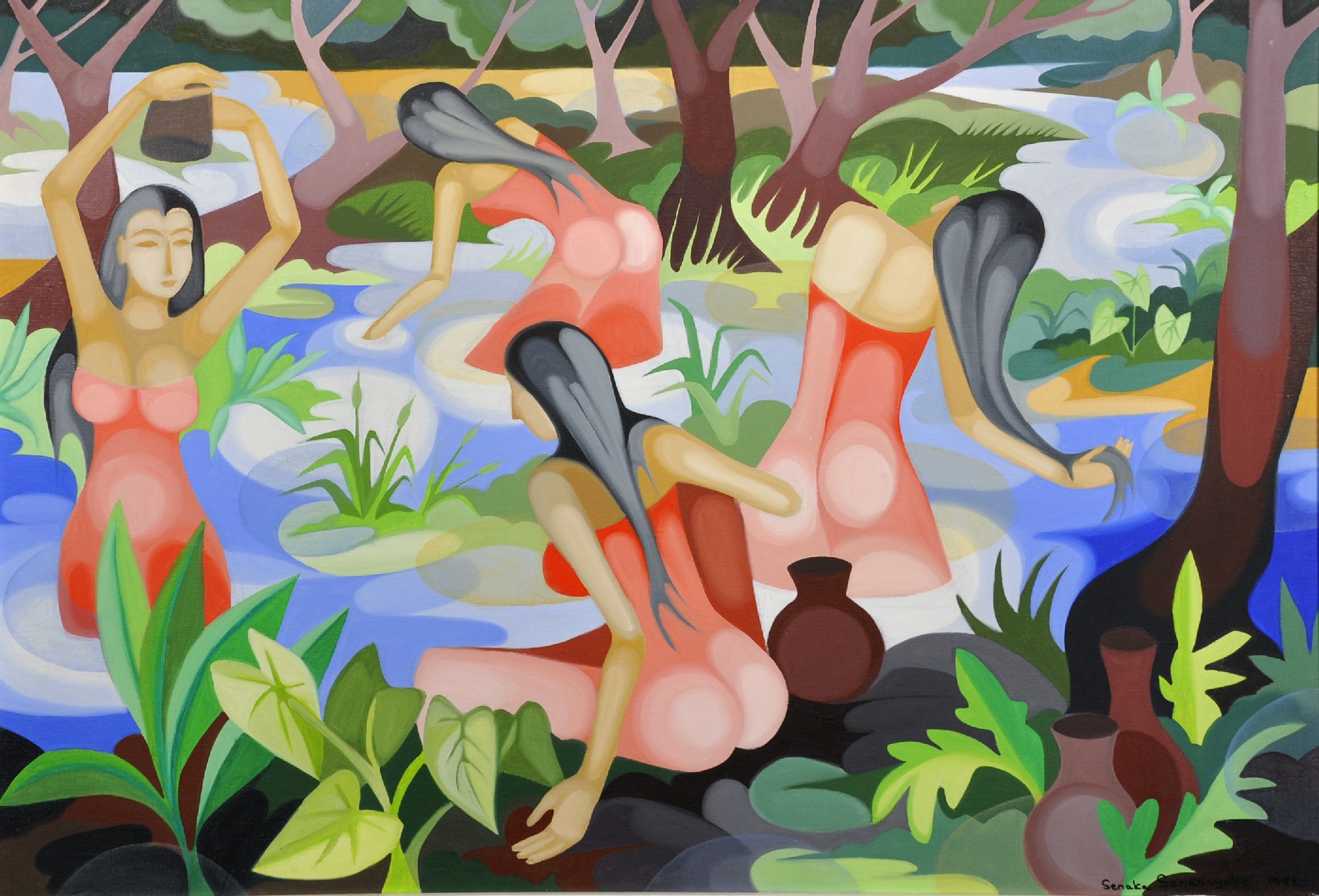 Senaka Senanayake (1951- ) Sri Lankan. Sri Lankan Beauties Bathing in a Pool, Oil on Canvas,