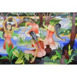 Senaka Senanayake (1951- ) Sri Lankan. Sri Lankan Beauties Bathing in a Pool, Oil on Canvas,