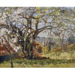 20th Century English School. A Landscape with Blossom on a Tree, and a Church and Cottages beyond,