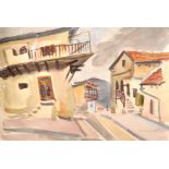 Shimshon Holzman (1907-1986) Israeli. A Village Scene, with a Figure in a Doorway, Watercolour,