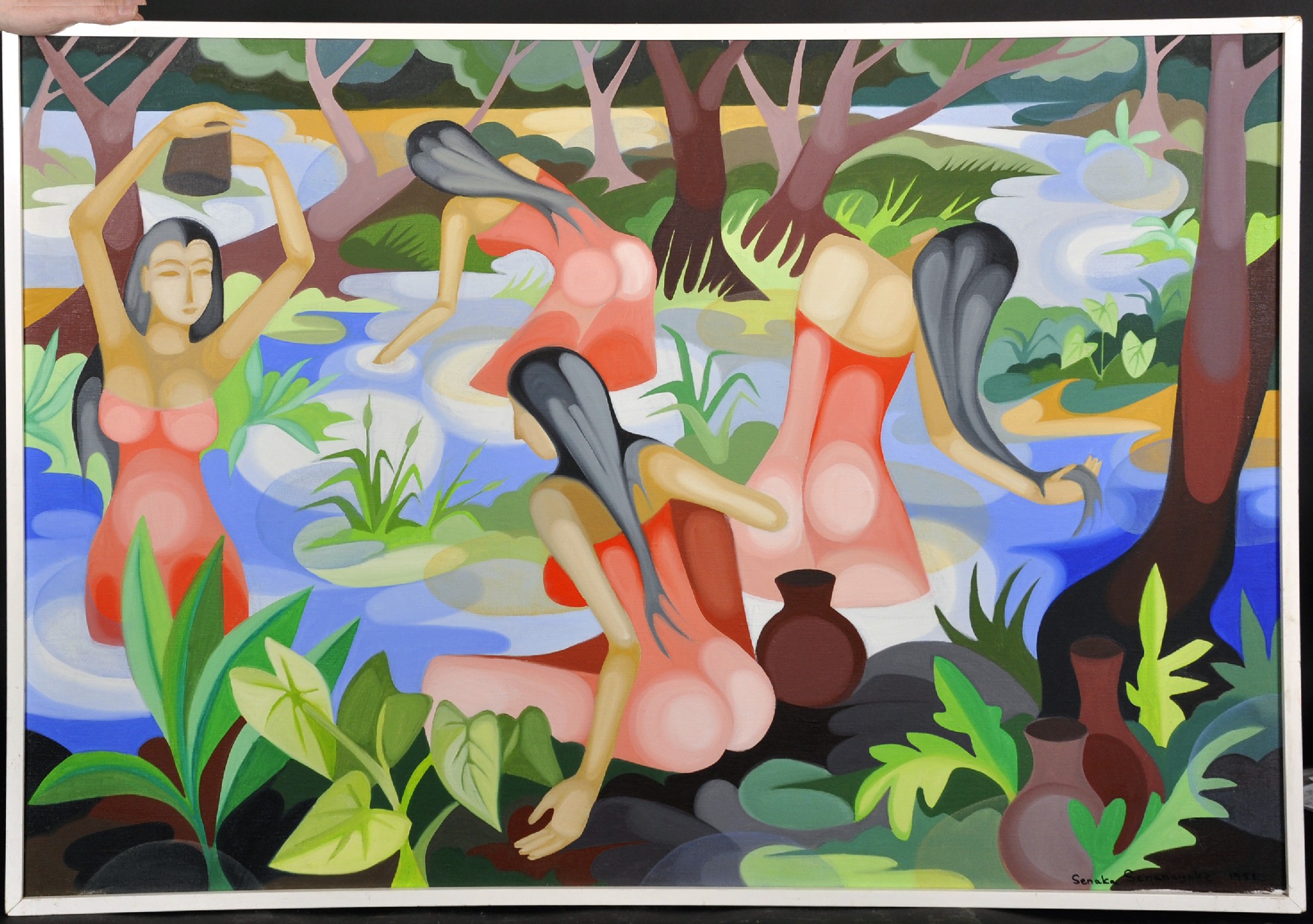 Senaka Senanayake (1951- ) Sri Lankan. Sri Lankan Beauties Bathing in a Pool, Oil on Canvas, - Image 2 of 4