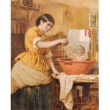 William Lucas (c.1840-1895) British. A Mother Washing a Baby in a Brown Bowl, Watercolour, Signed