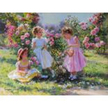 Konstantin Razumov (1974- ) Russian. "Three Young Girls in the Rose Garden", Picking Flowers, Oil on