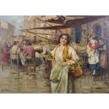 Giuseppe Pitto (1857-1928) Italian. An Italian Girl, standing in a Street Market, Oil on Canvas,