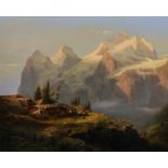 19th Century Austrian School. "Aiger Monch and Jungfrau", a Mountain Scene, with a Chalet in the