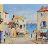 George Hann (1900-1979) British. A Southern French Town Scene, with Figures by a Cafe, the Sea