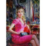 Konstantin Razumov (1974- ) Russian. "In the Parisian Caf", and Elegant Lady in a Pink Dress