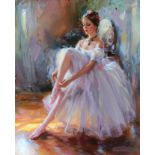 Konstantin Razumov (1974- ) Russian. "Study of a ballerina in a White Tutu", tying her Ballet Shoe