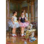 Konstantin Razumov (1974- ) Russian. "The Ballet Class", Two Young Girls in Tutus, with a Dog