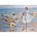 Alexandre Averine (1952- ) Russian. "On the Seashore", Two Girls with a Dog in the Water, Oil on