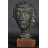 20th Century English School. A Head Study of a Woman, Bronze, on a Wooden Base, 13" x 8.5" x 8.5".