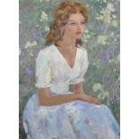 Vladimir Trofimovitch Skriabin (1927-1989) Russian. "Young Woman in White", seated in a Garden,