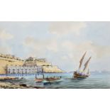 Joseph Galea (1904-1985) Maltese. "Grand Harbour", with a Sailing Ship and Rowing Boats in the