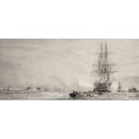 William Lionel Wyllie (1851-1931) British. "HMS Victory Firing a Salute at Portsmouth", Etching,