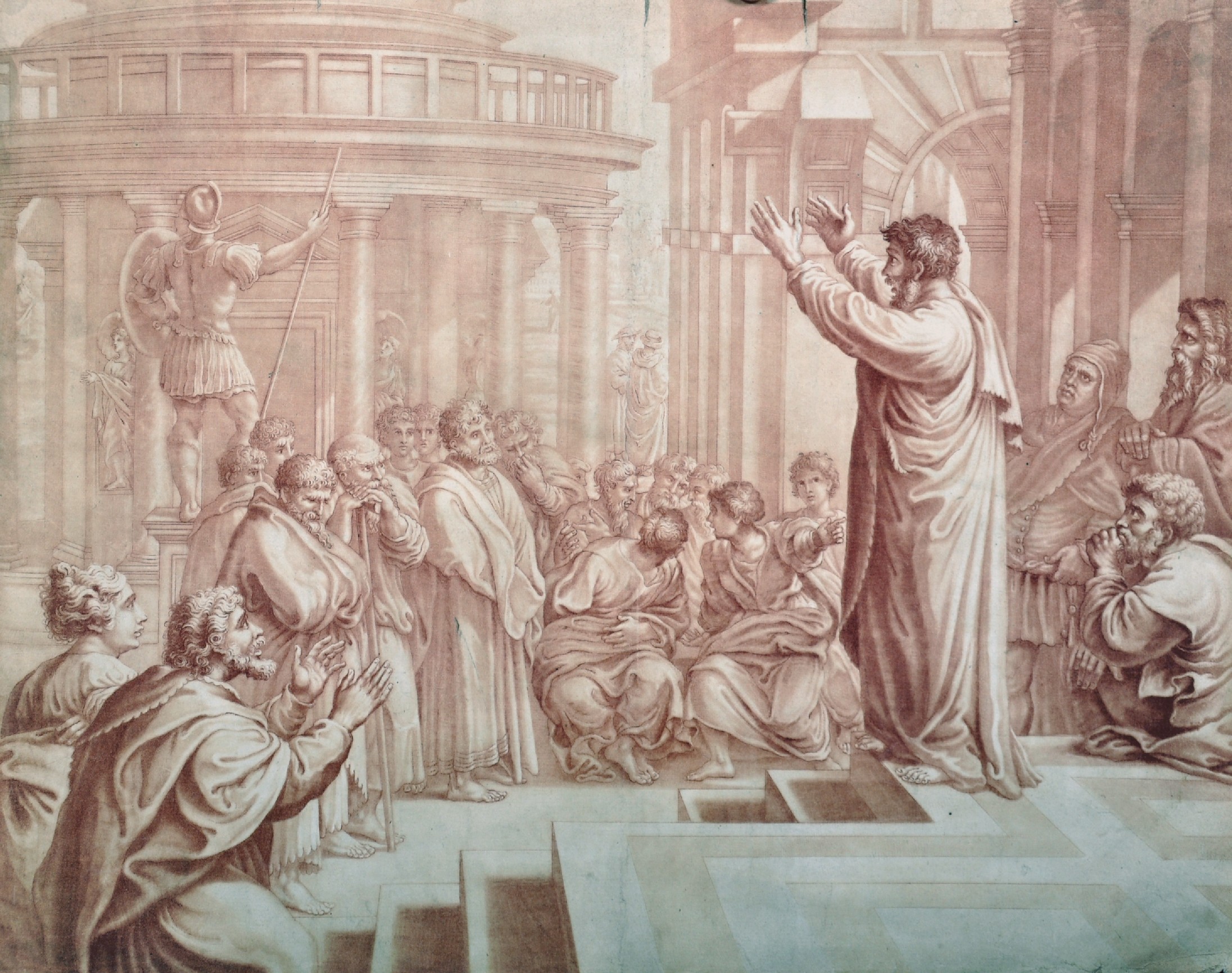 19th Century Italian School. A Figure in Robes talking to the Masses outside a Classical Italian - Image 2 of 5