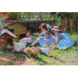 Konstantin Razumov (1974- ) Russian. "Little Girls with Rabbits", playing in a Garden, Oil on