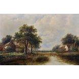 Joseph Thors (act.1863-1900) British. A River Landscape, with Cottages, Figures and Ducks on the